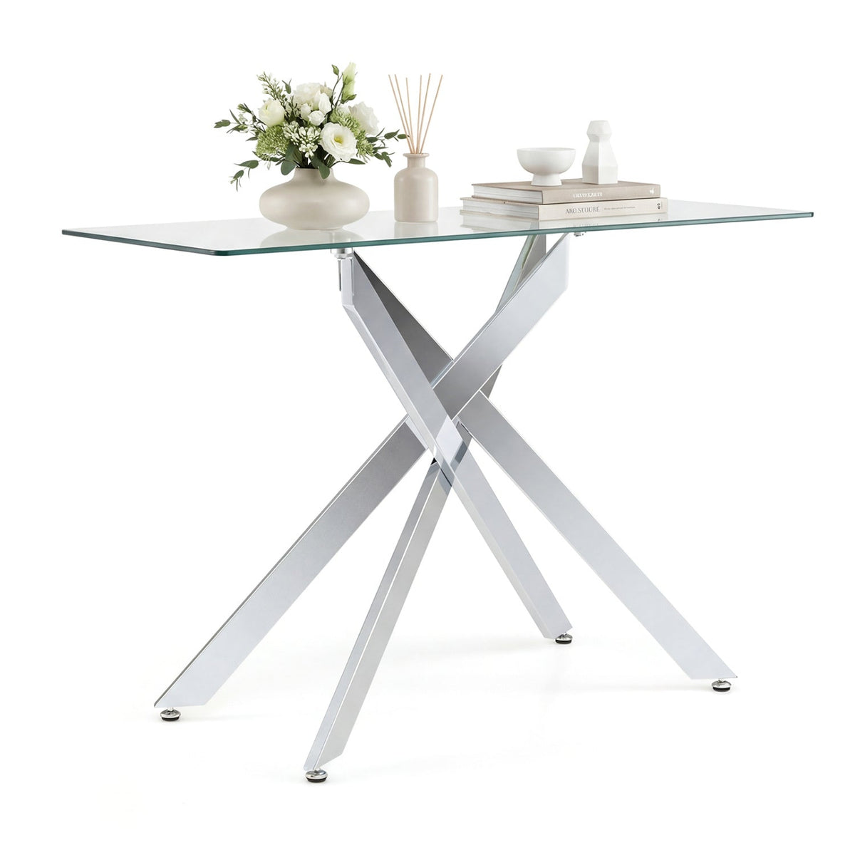 Glass Console Table Modern Entryway Table with Clear Tempered Glass Top-Silver