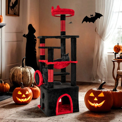 Gothic Cat Tree with Plush Perch and Spider Dangling Toy-Black & Red