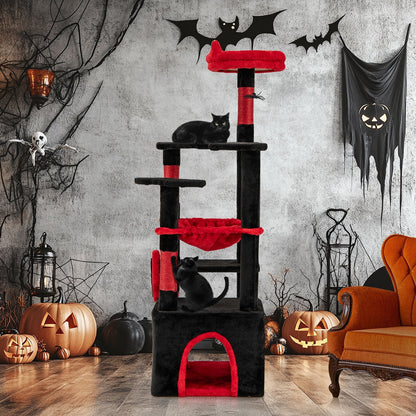 Gothic Cat Tree with Plush Perch and Spider Dangling Toy-Black & Red
