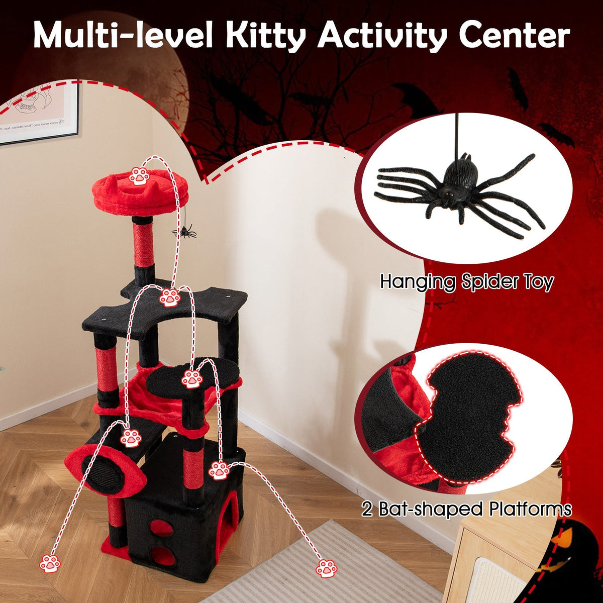 Gothic Cat Tree with Plush Perch and Spider Dangling Toy-Black & Red
