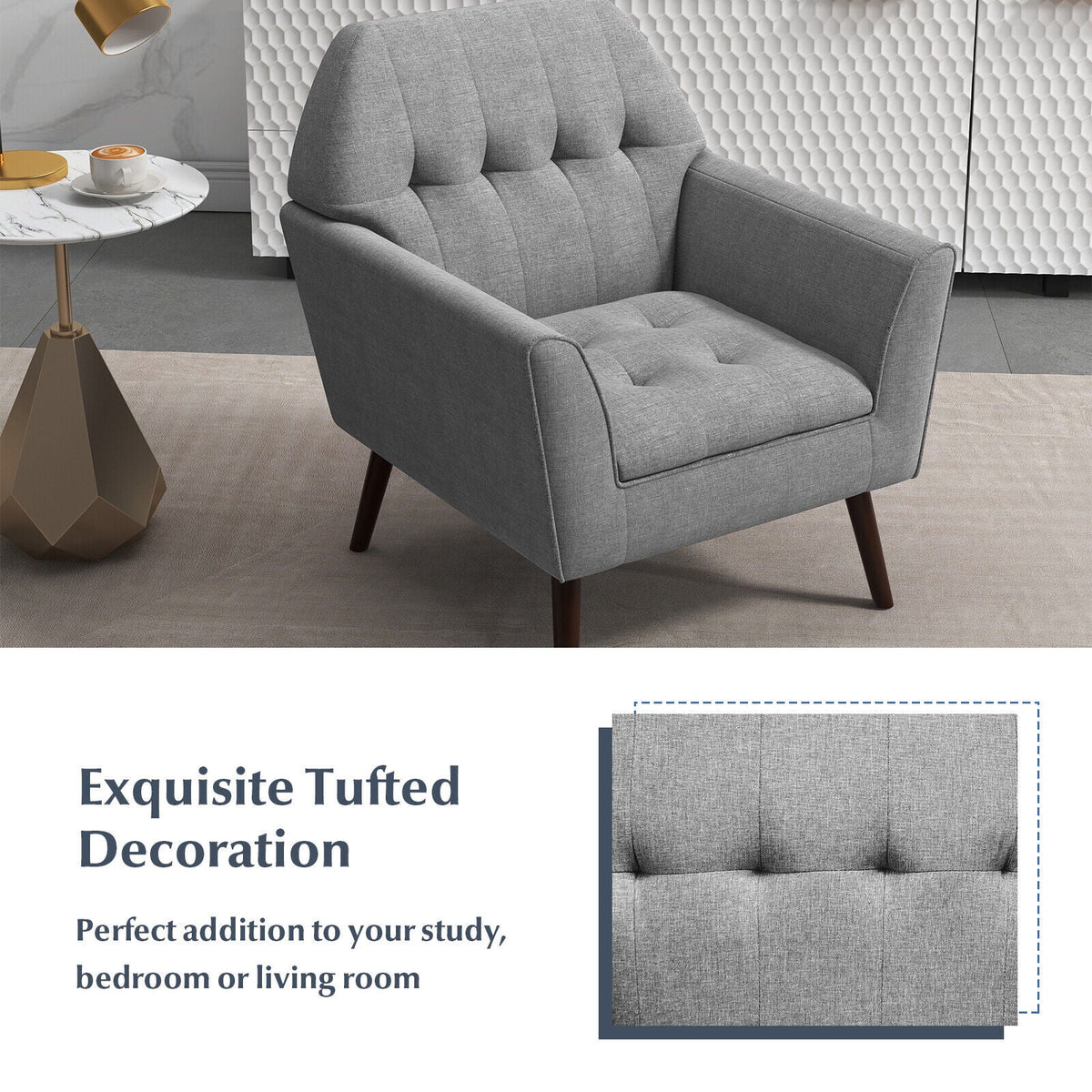 Modern Tufted Fabric Accent Chair with Rubber Wood Legs