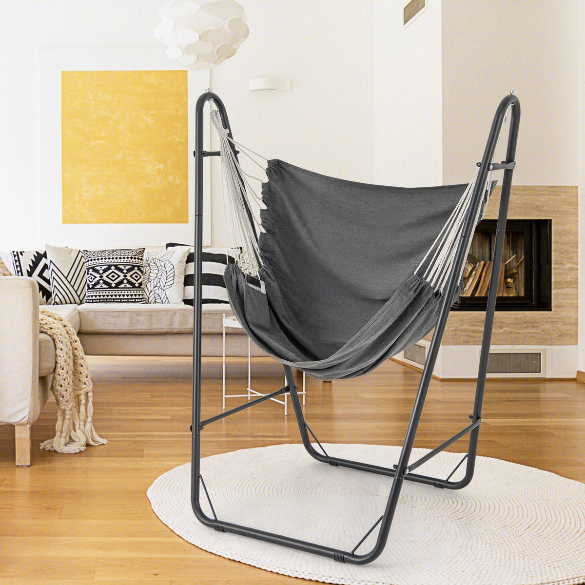 Hammock Chair with Heavy Duty Metal Frame and Side Pocket-Gray