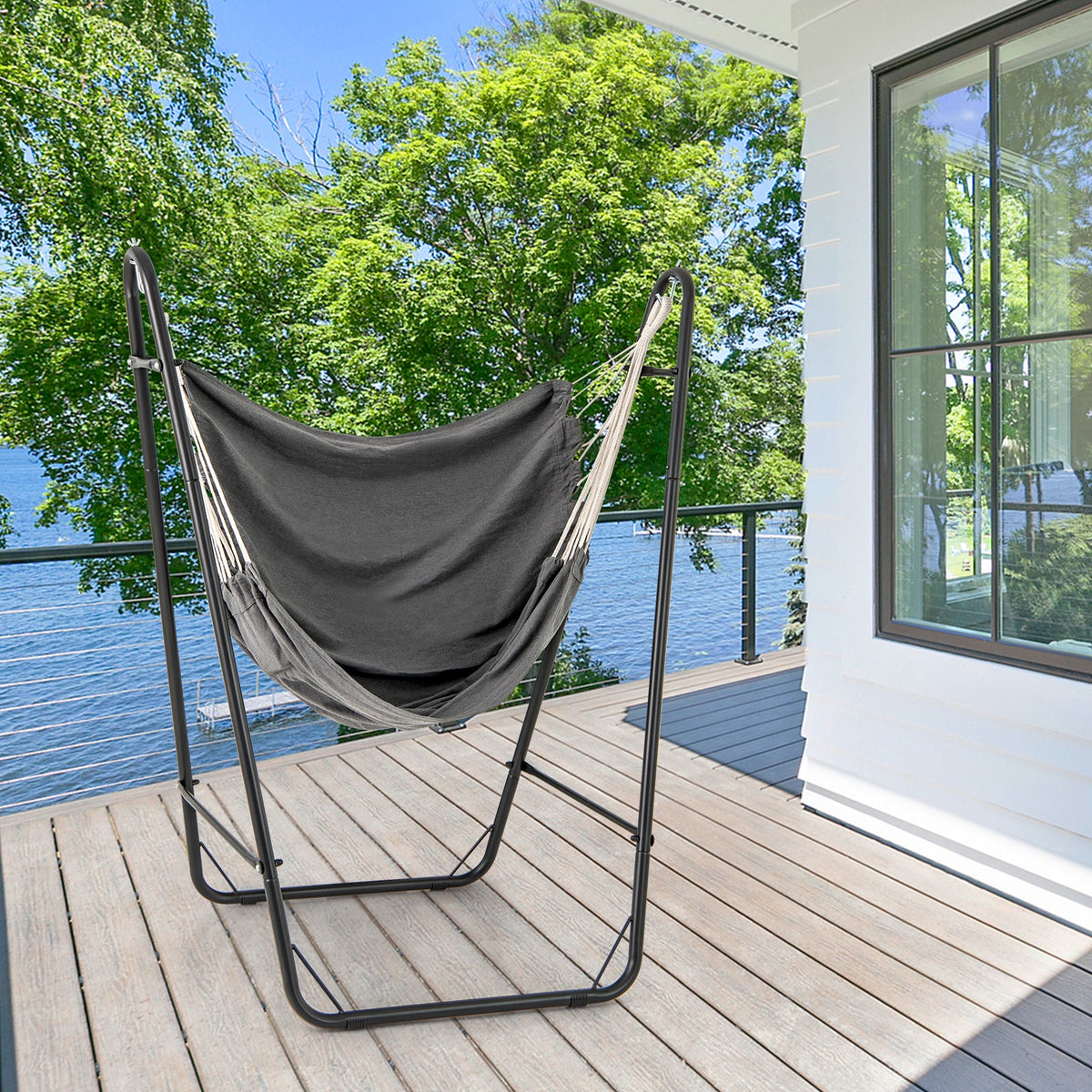 Hammock Chair with Heavy Duty Metal Frame and Side Pocket-Gray