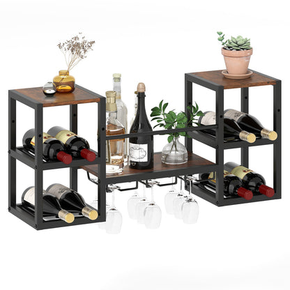 Heavy-duty Wall Mounted Wine Rack with Glass Holder Metal Frame 8-Bottle Holder-Rustic Brown