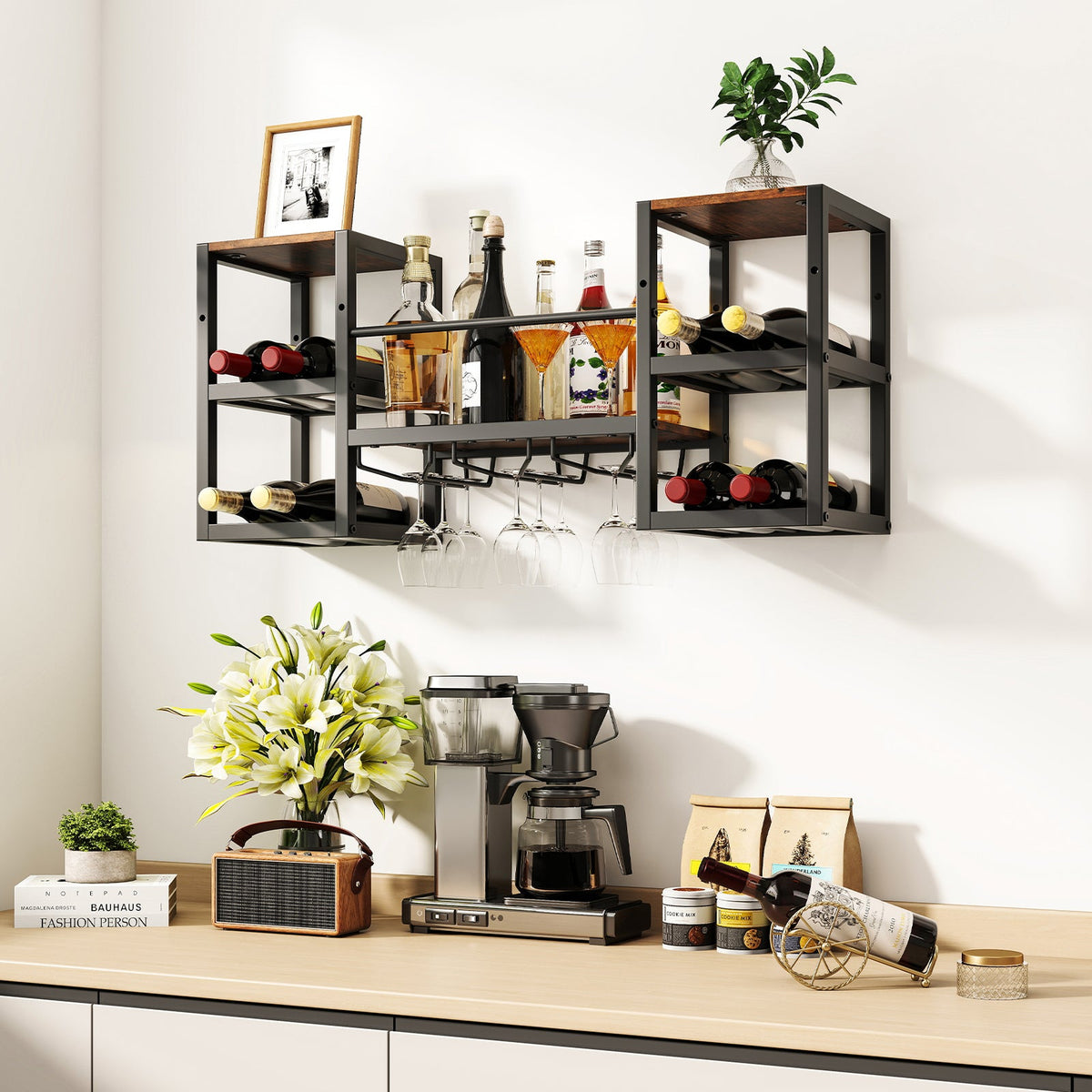 Heavy-duty Wall Mounted Wine Rack with Glass Holder Metal Frame 8-Bottle Holder-Rustic Brown