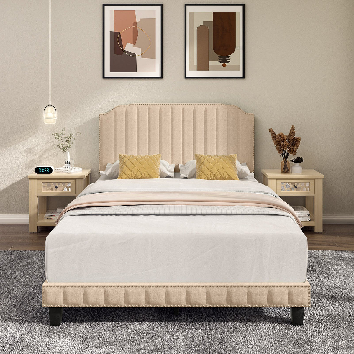 Heavy Duty Upholstered Bed Frame with Rivet Headboard