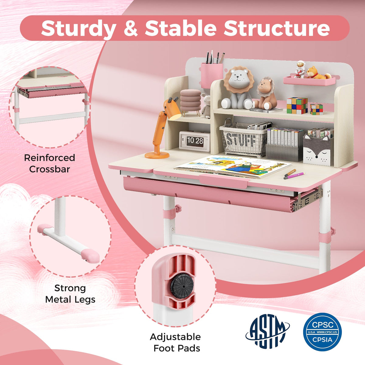 Height Adjustable Kids Study Desk with Tilt Desktop for 3-12 Years Old-Pink