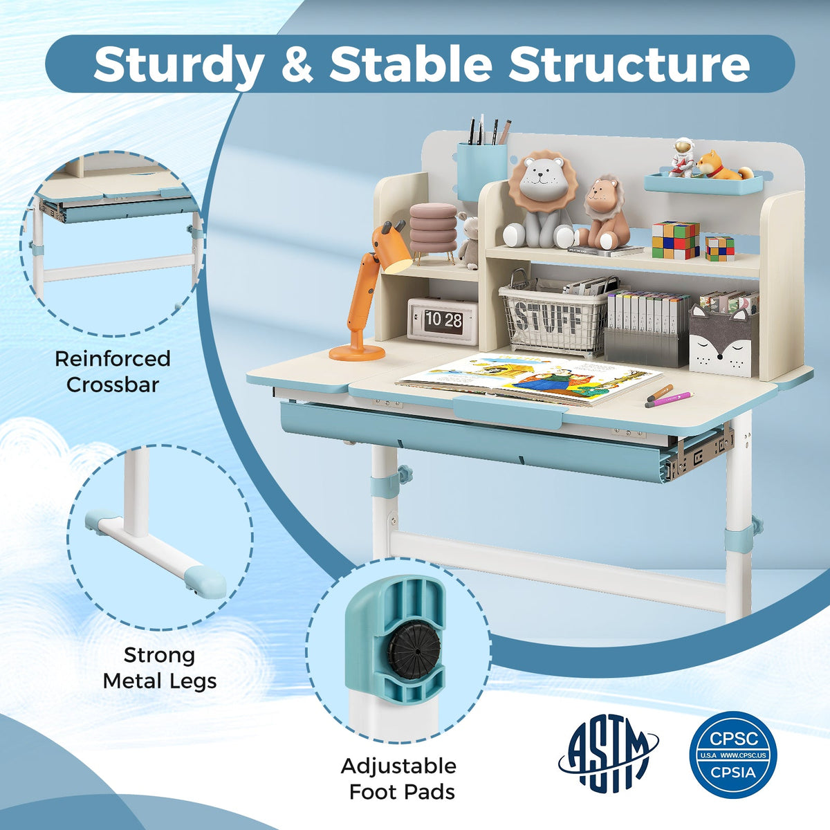 Height Adjustable Kids Study Desk with Tilt Desktop for 3-12 Years Old-Blue