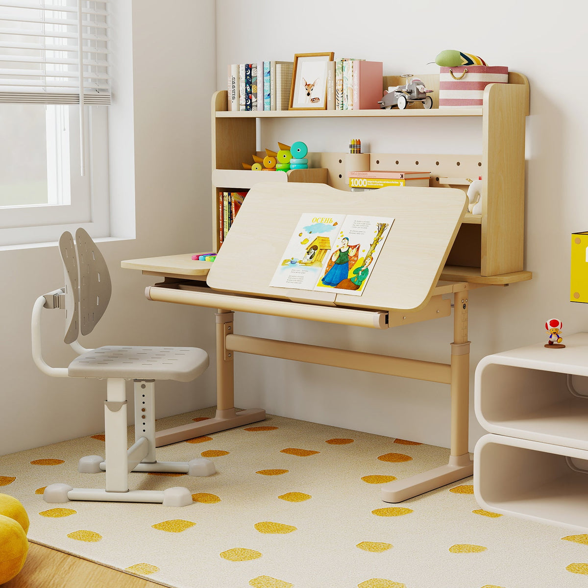 Height Adjustable Writing Table with Tilt Desktop and Retractable Book Stand-Yellow