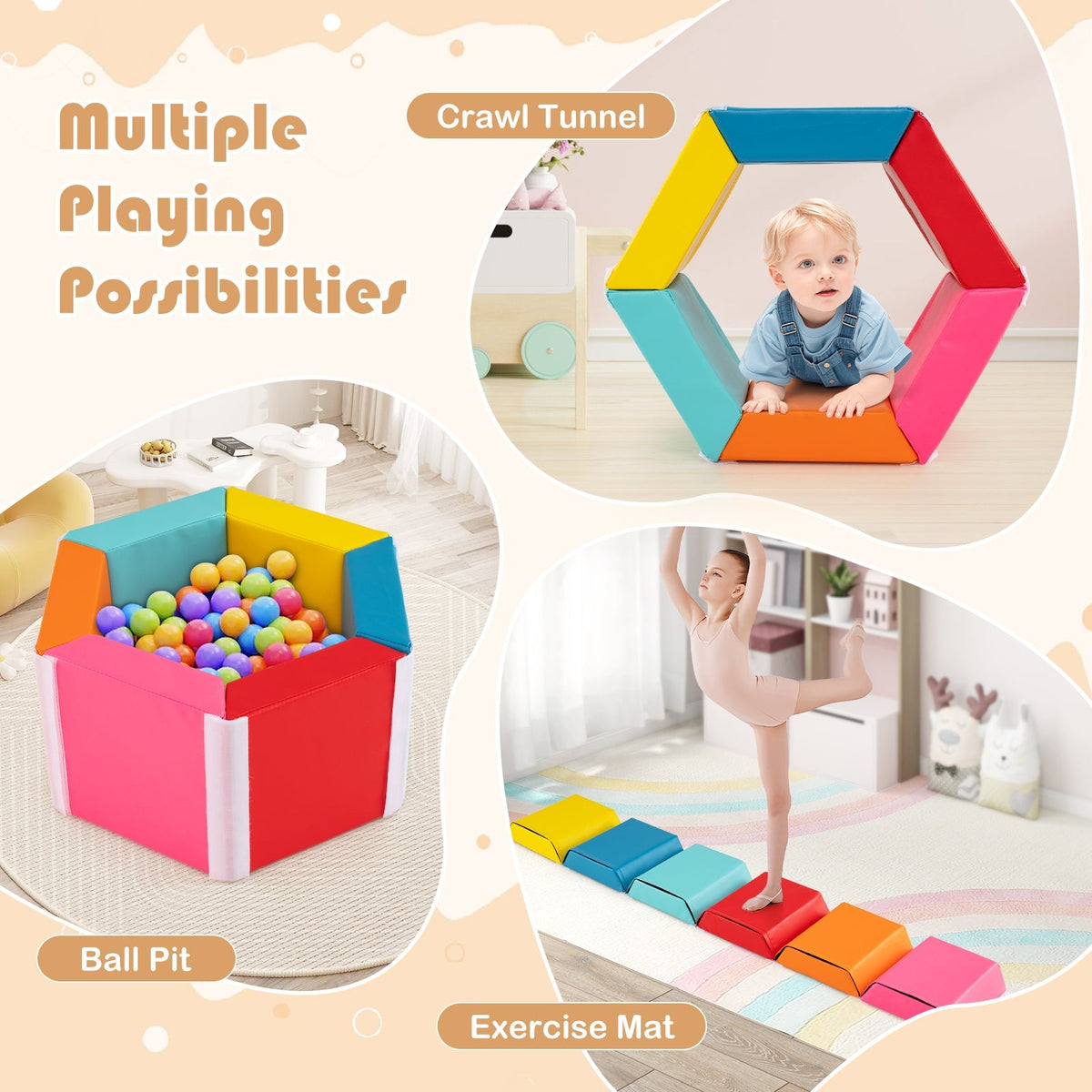 Hexagon Kids Ball Pit Foam Climbing Exercise Mat with Detachable PU Covers-Multicolor