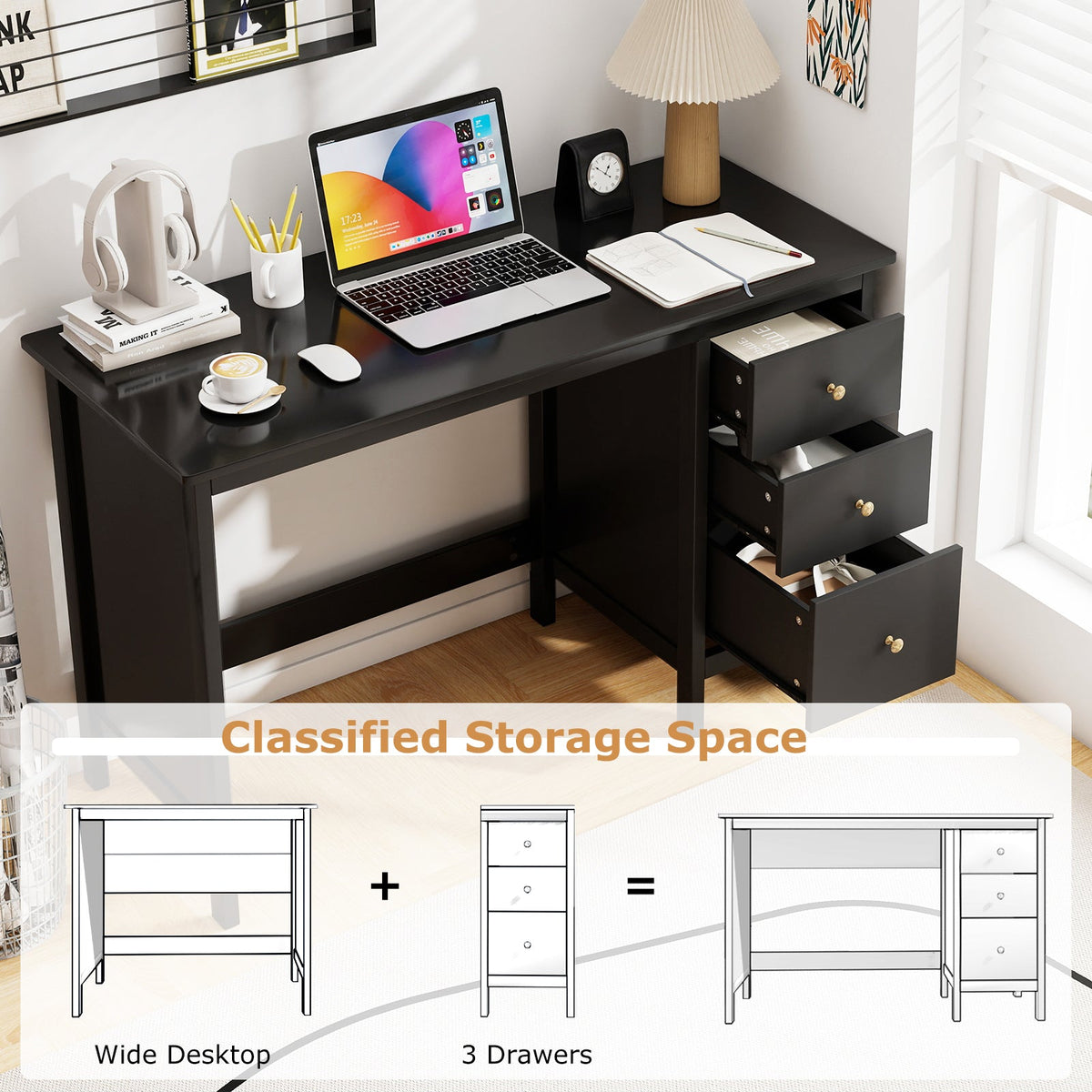 3-Drawer Home Office Study Computer Desk with Spacious Desktop