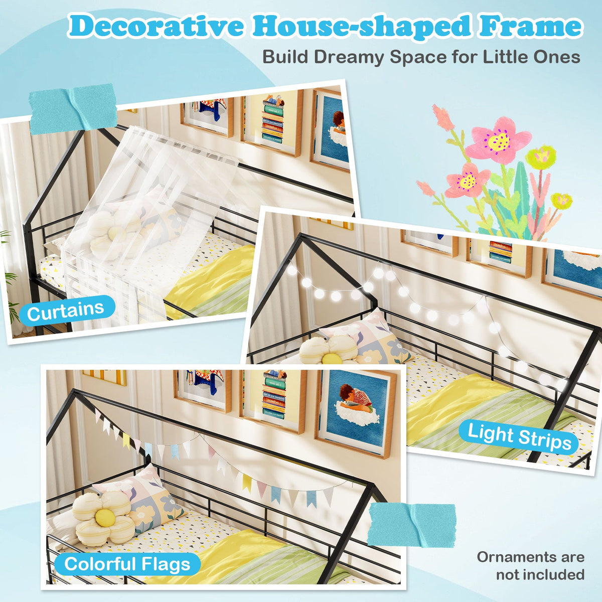 House-shaped Metal Twin Over Twin Low Bunk Bed-Black