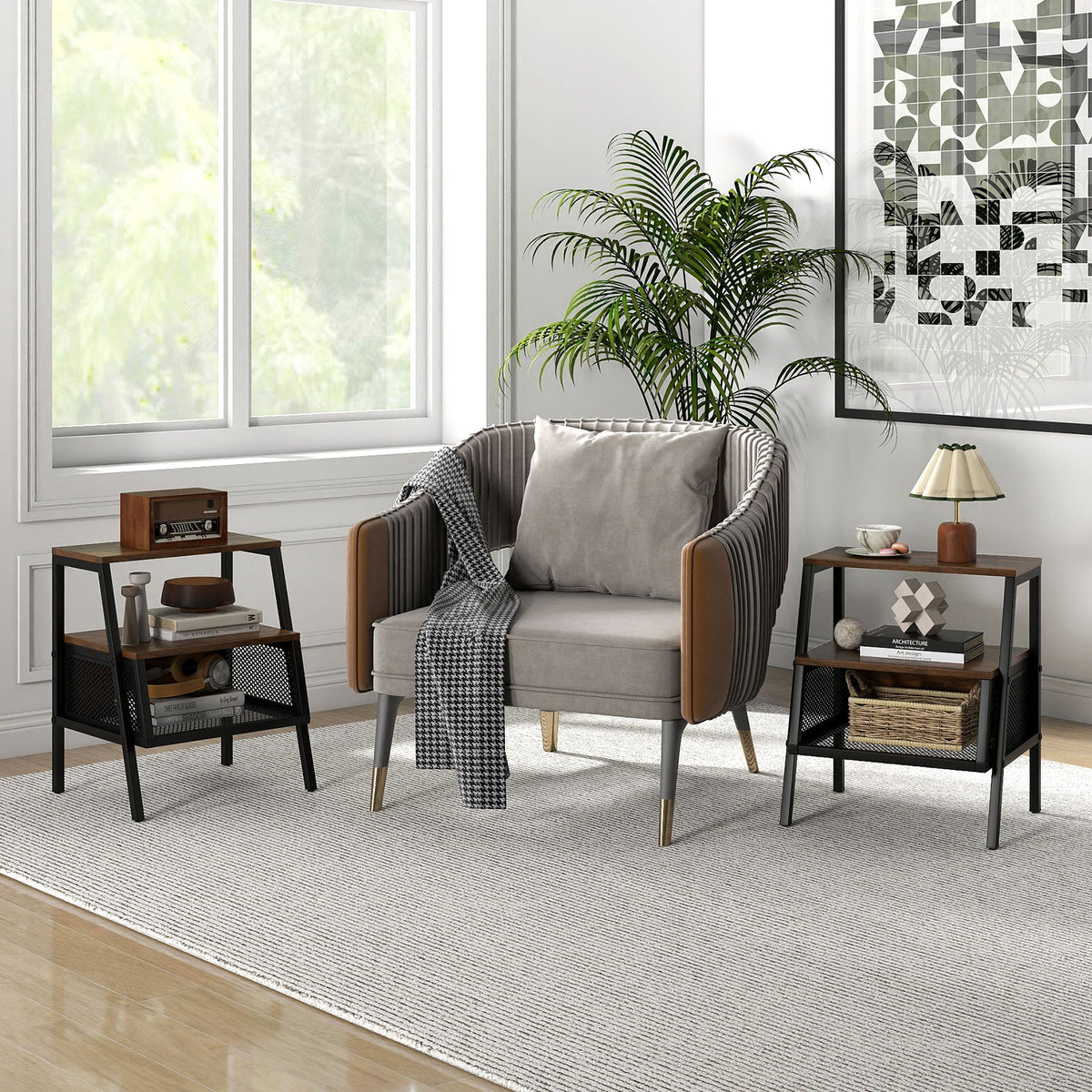 Industrial Nightstand 3-Tier End Table Set of 2 with 2 Open Shelves and Metal Mesh Compartment-Rustic Brown
