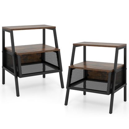 Industrial Nightstand 3-Tier End Table Set of 2 with 2 Open Shelves and Metal Mesh Compartment-Rustic Brown