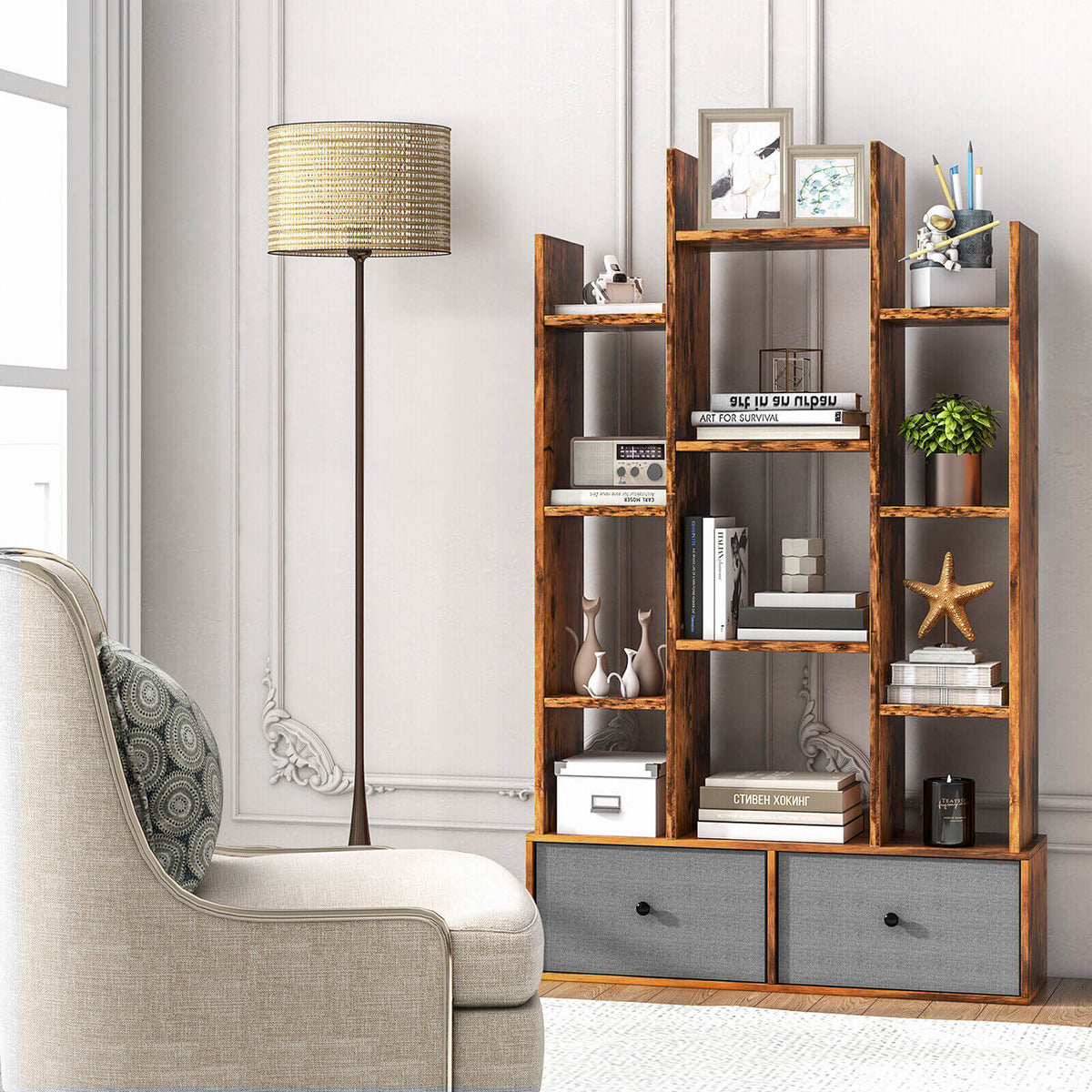 12-Tier Open-Back Freestanding Bookshelf with Drawer