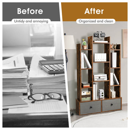 12-Tier Open-Back Freestanding Bookshelf with Drawer