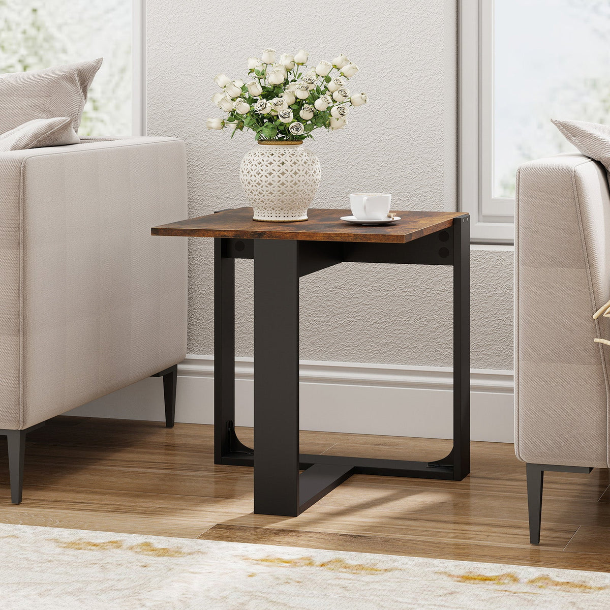 Industrial Sofa End Table with Metal Frame
