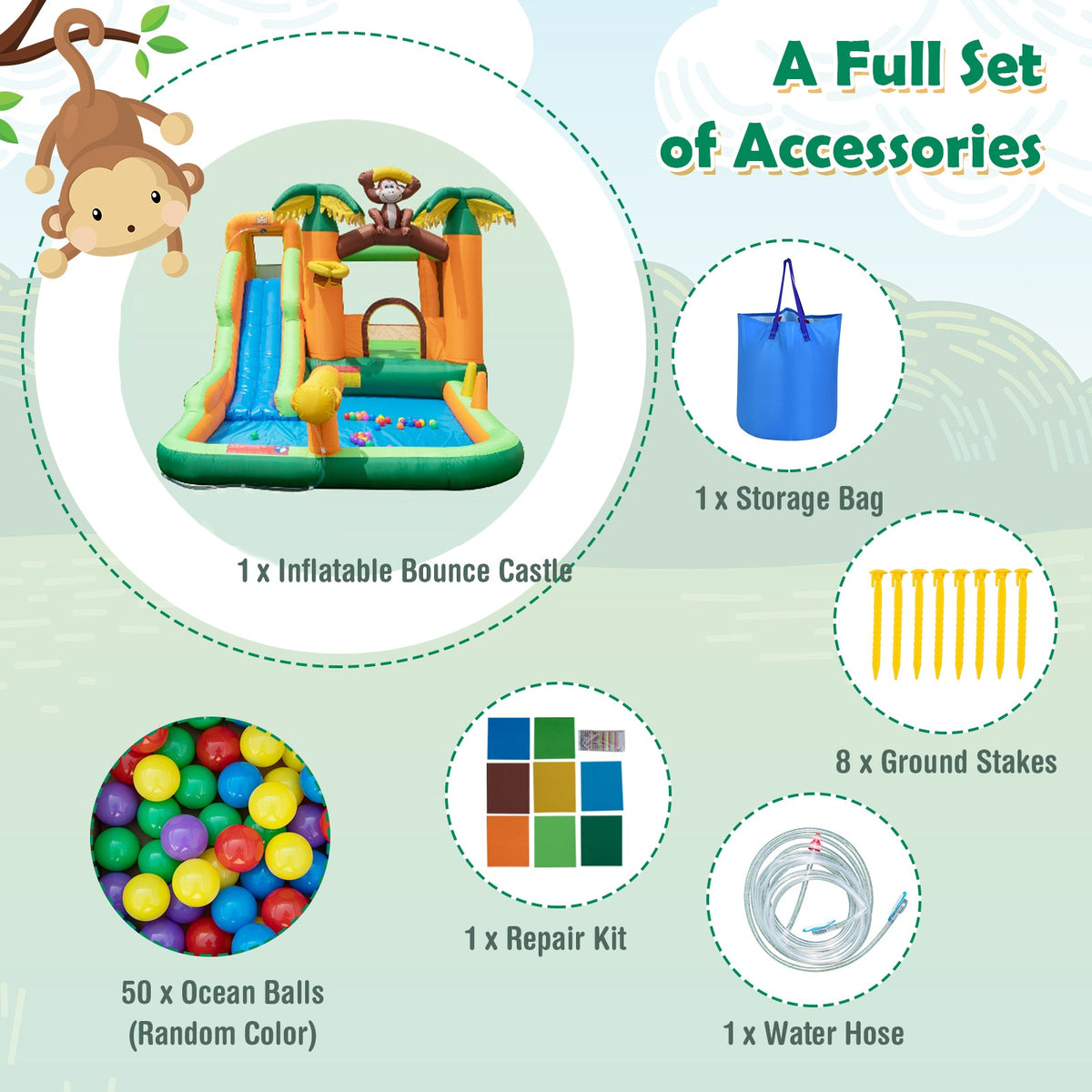 Monkey-Themed Inflatable Bounce House with Slide without Blower