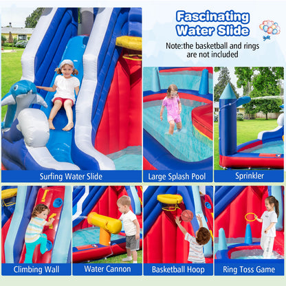 6-In-1 Inflatable Water Park with Climbing Wall Splash Pool (Without Blower)