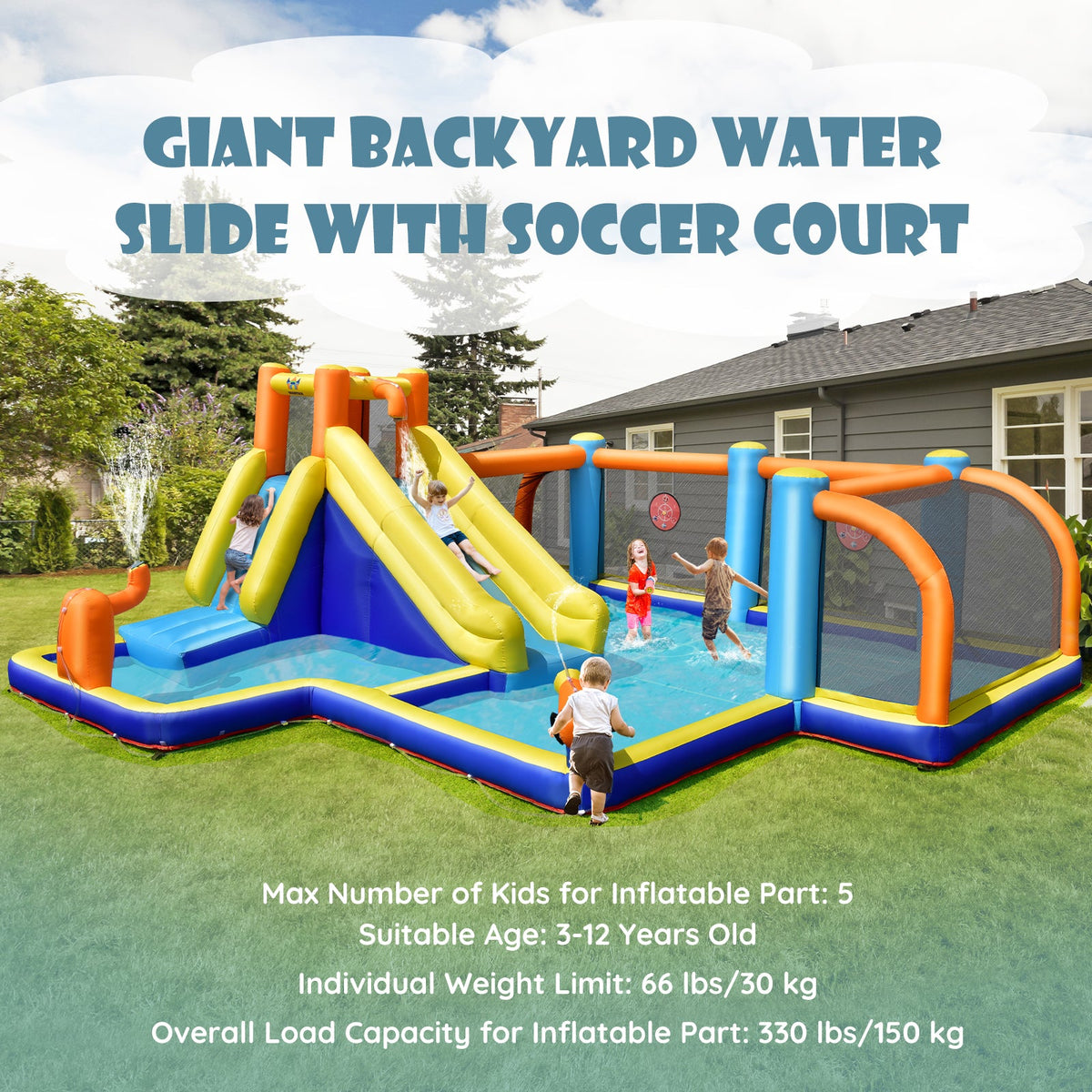 Giant Soccer-Themed Inflatable Water Slide with 735W Blower