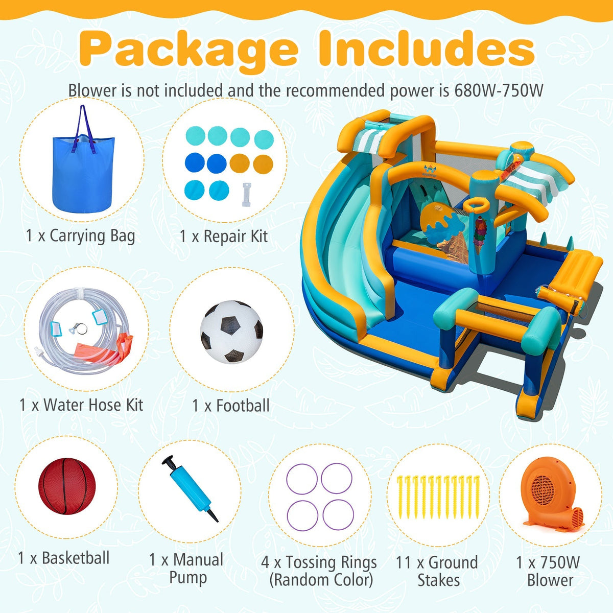 Inflatable Water Slide Bounce House Kids Jump Castle with 750W Blower