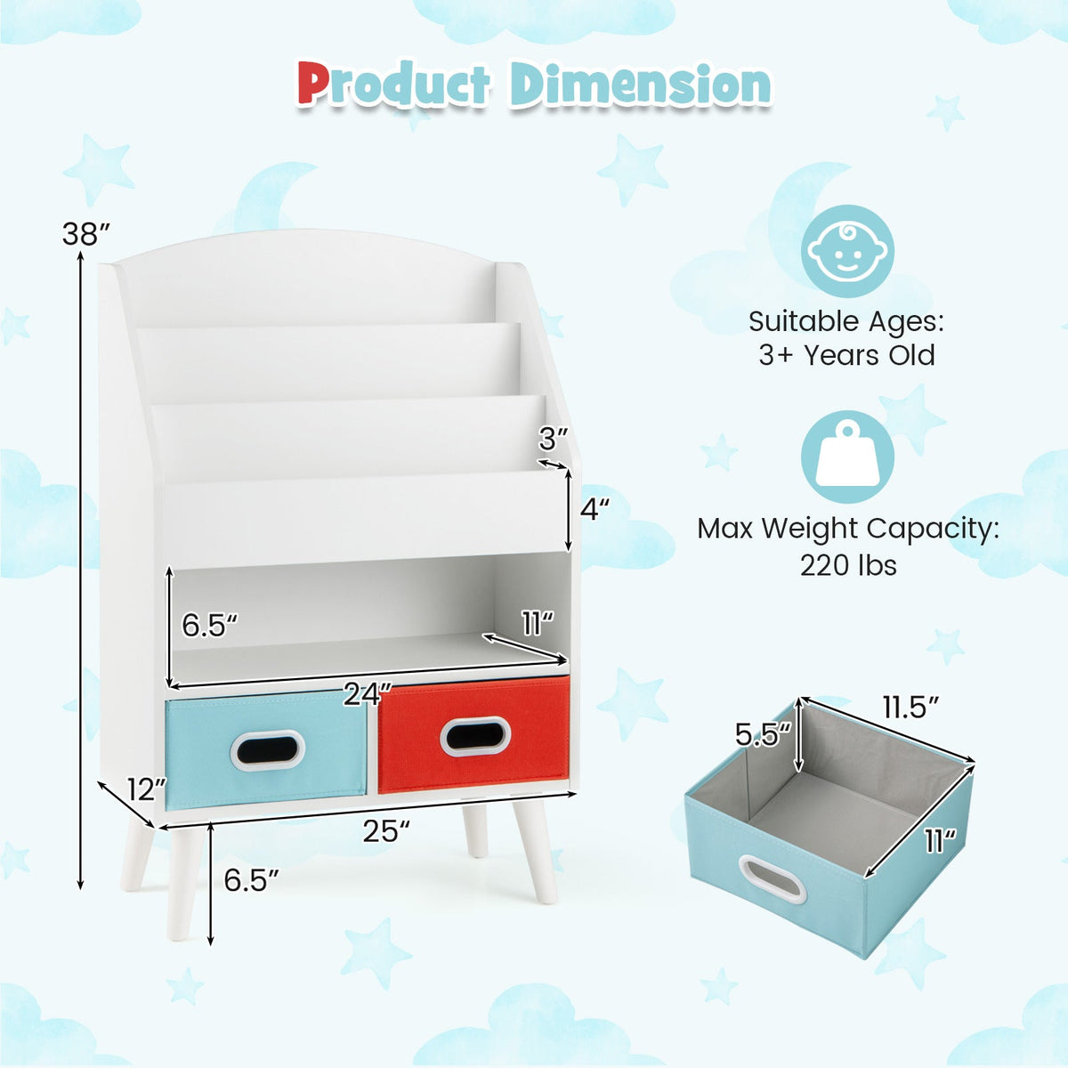 Kids Bookshelf with Open Compartment for Toddlers 3+ Years Old-White