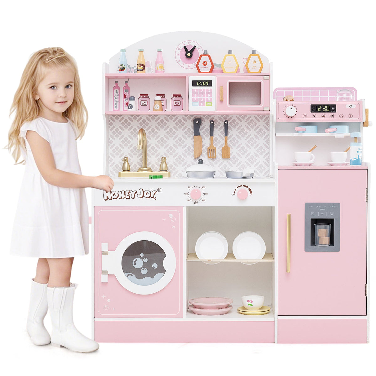Kids Kitchen Set Wooden with Coffee Makers and Accessories-Pink