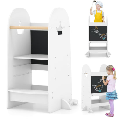 Kids Kitchen Tower Adjustable with Chalkboard and Safety Rail-White