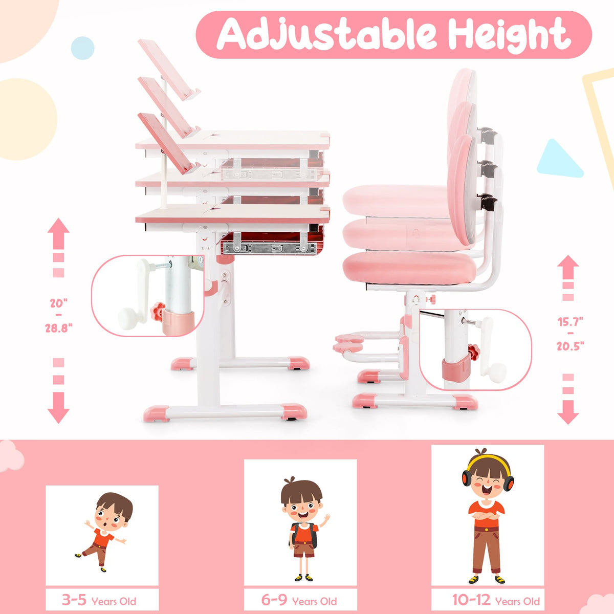 Height-Adjustable Kid's Study Desk and Chair Set-Pink