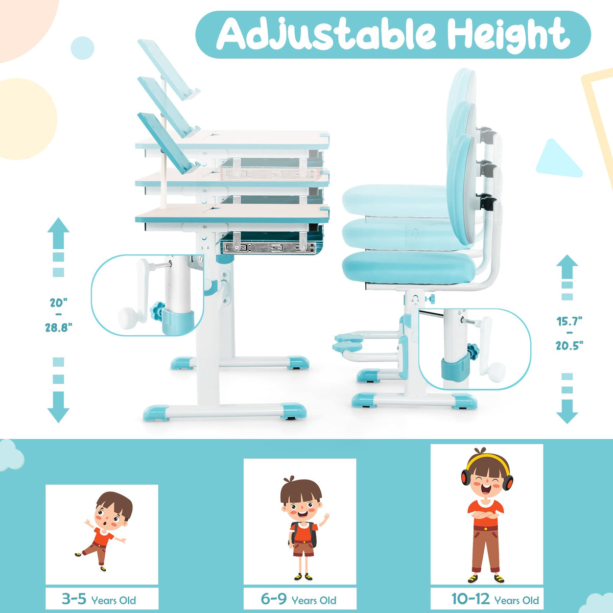 Height-Adjustable Kid's Study Desk and Chair Set-Blue