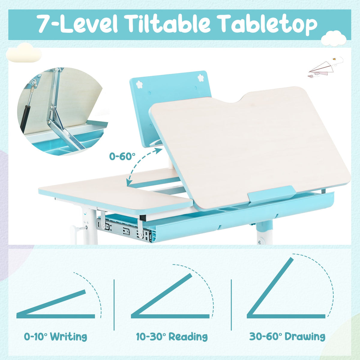 Height-Adjustable Kid's Study Desk and Chair Set-Blue