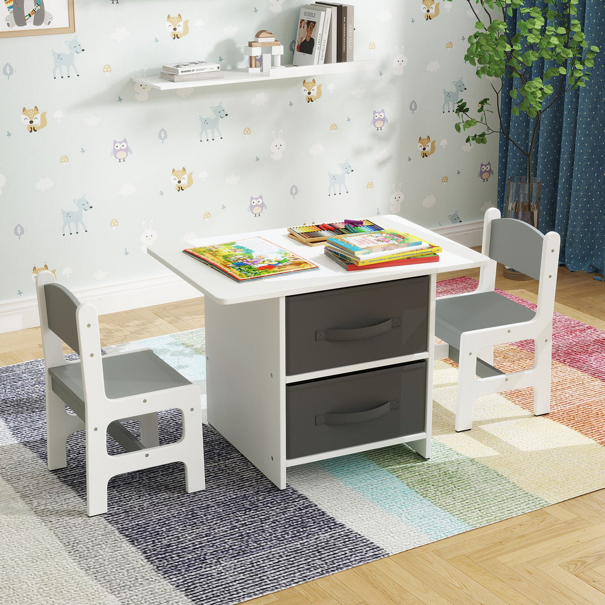 Kids Table and 2 Chairs Set Removable Storage Drawers