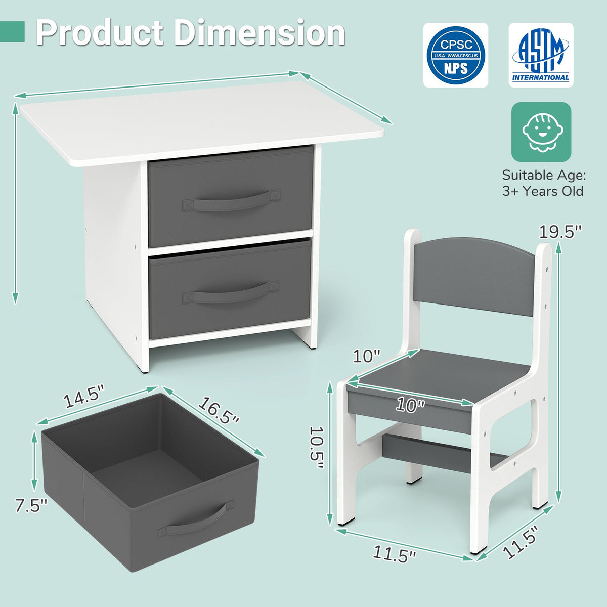 Kids Table and 2 Chairs Set Removable Storage Drawers