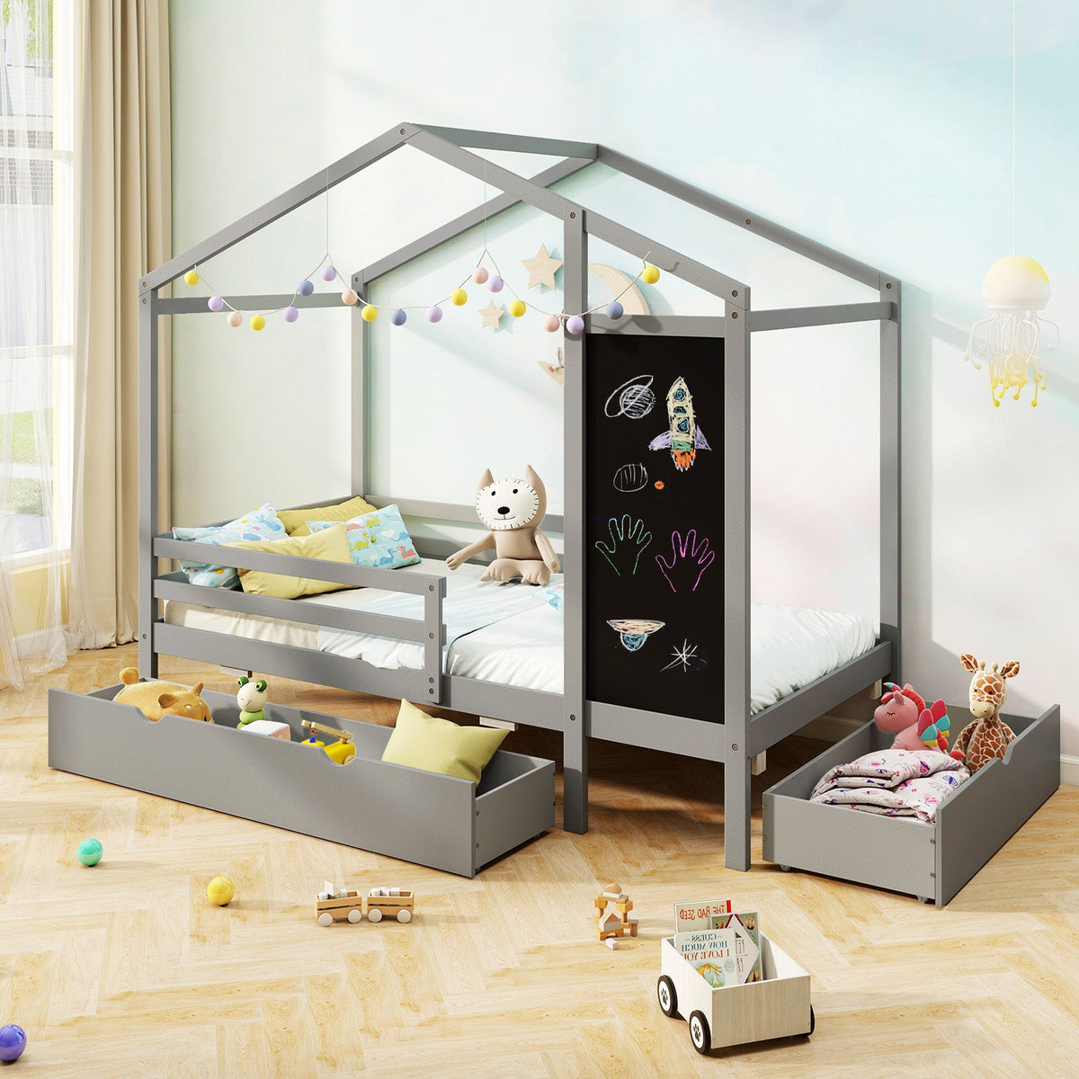 Kids Twin Size Bed with 2 Drawers Solid Wood Bed with Blackboard-Gray