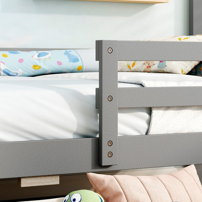 Kids Twin Size Bed with 2 Drawers Solid Wood Bed with Blackboard-Gray