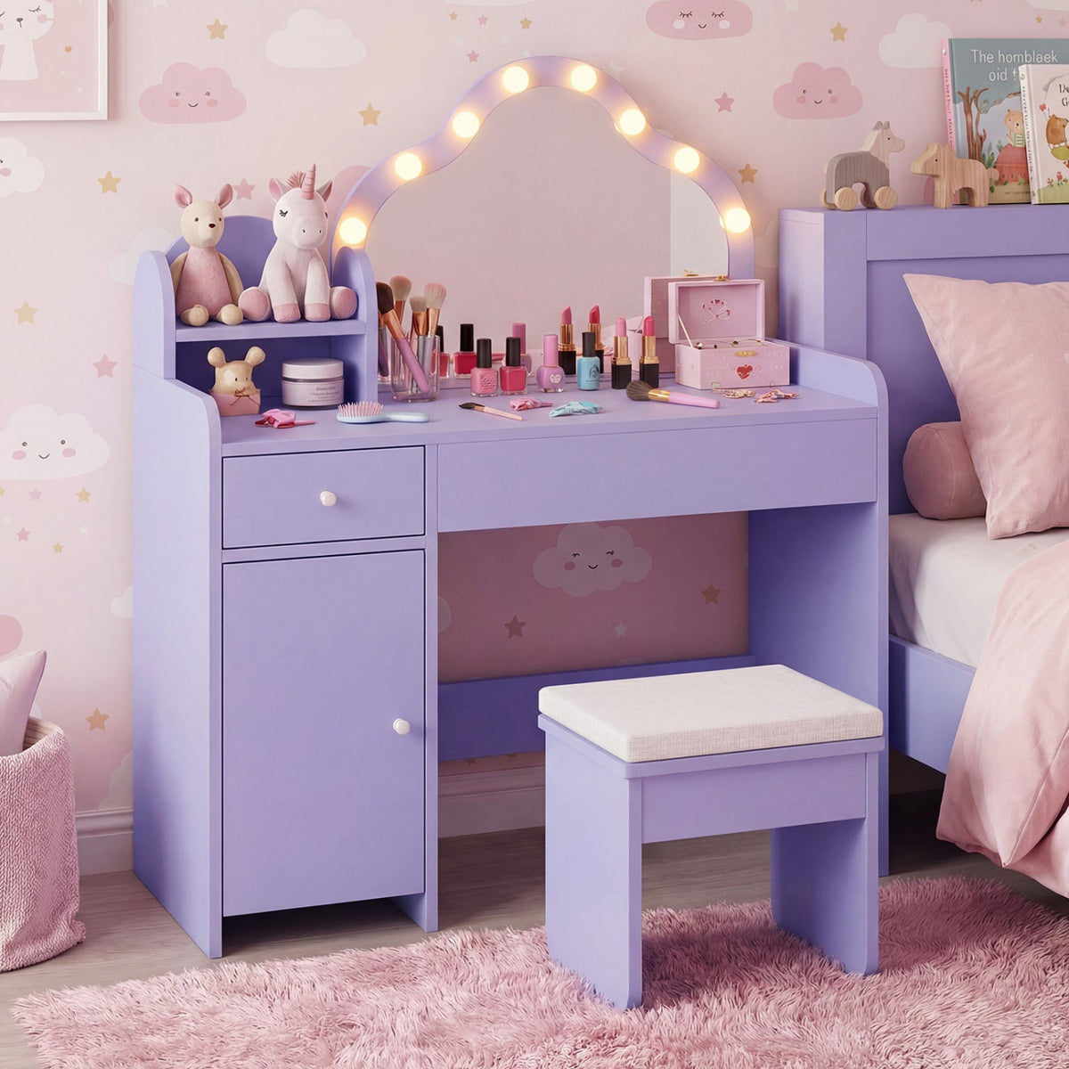 Kids Vanity Desk with Mirror and Lights Princess Pretend Play Dressing Table-Purple