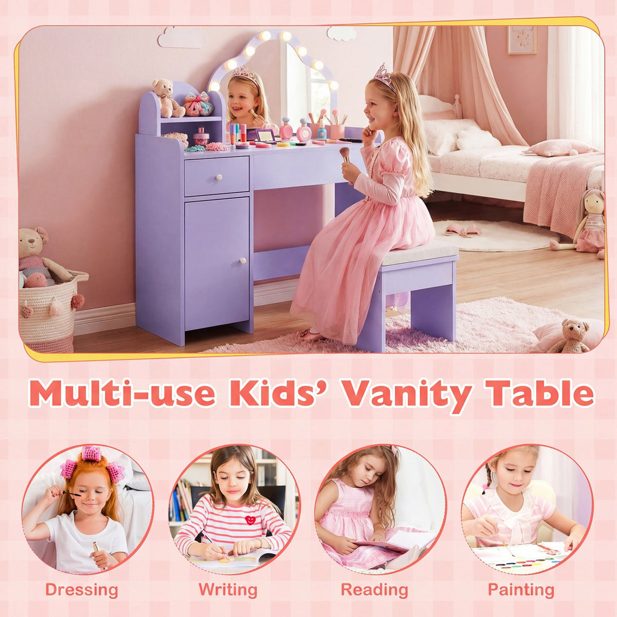 Kids Vanity Desk with Mirror and Lights Princess Pretend Play Dressing Table-Purple