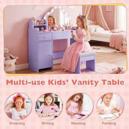 Kids Vanity Desk with Mirror and Lights Princess Pretend Play Dressing Table-Purple