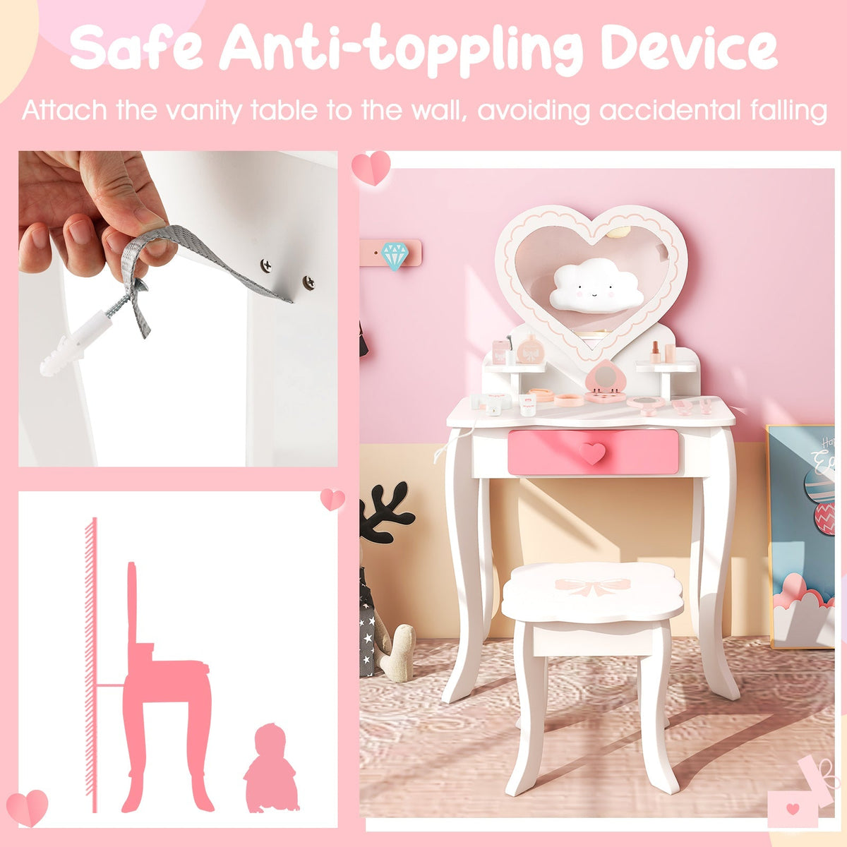 Kids Vanity Set with Heart-shaped Mirror-White