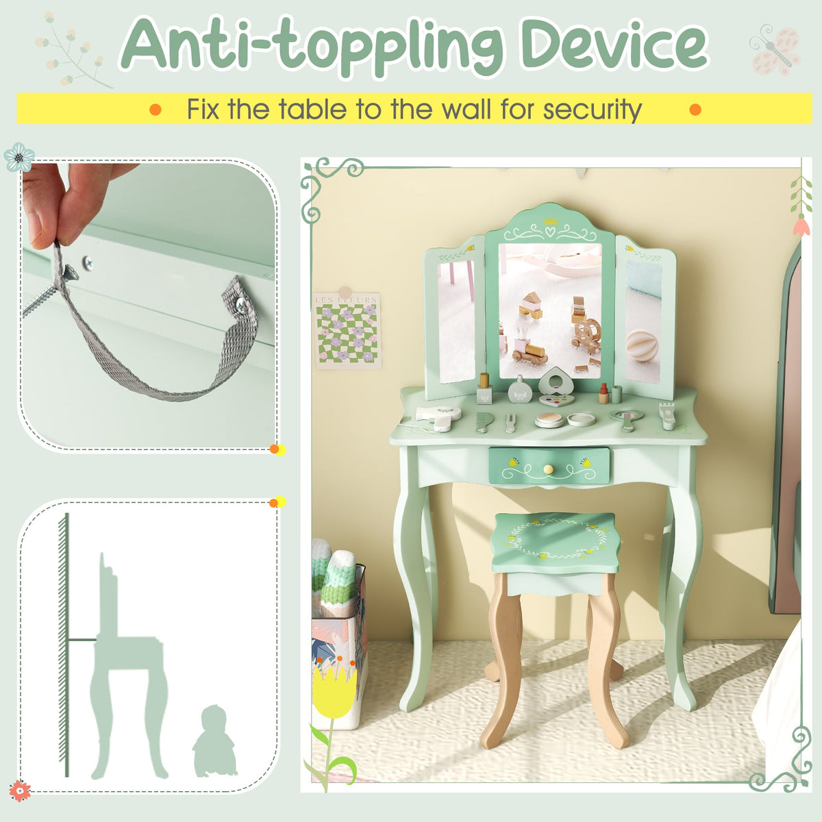 Kids Vanity Set with Tri-folding Mirror-Green