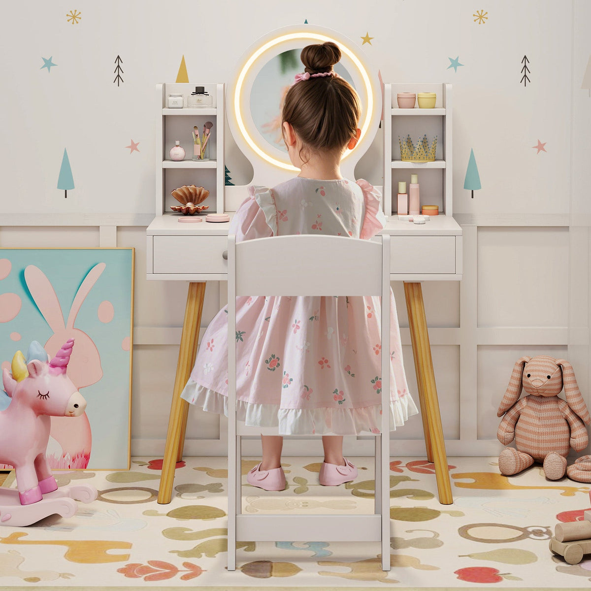 Kids Vanity Set with Lighted Mirror and Storage Drawers-White