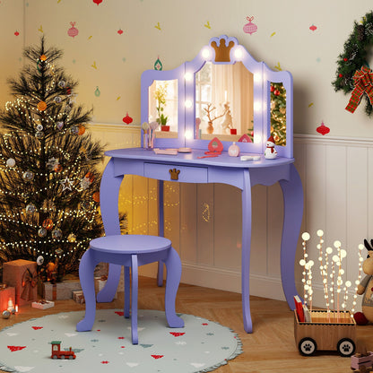 Kids Vanity Set with Tri-fold Lighted Mirror Detachable Top and Stool-Purple