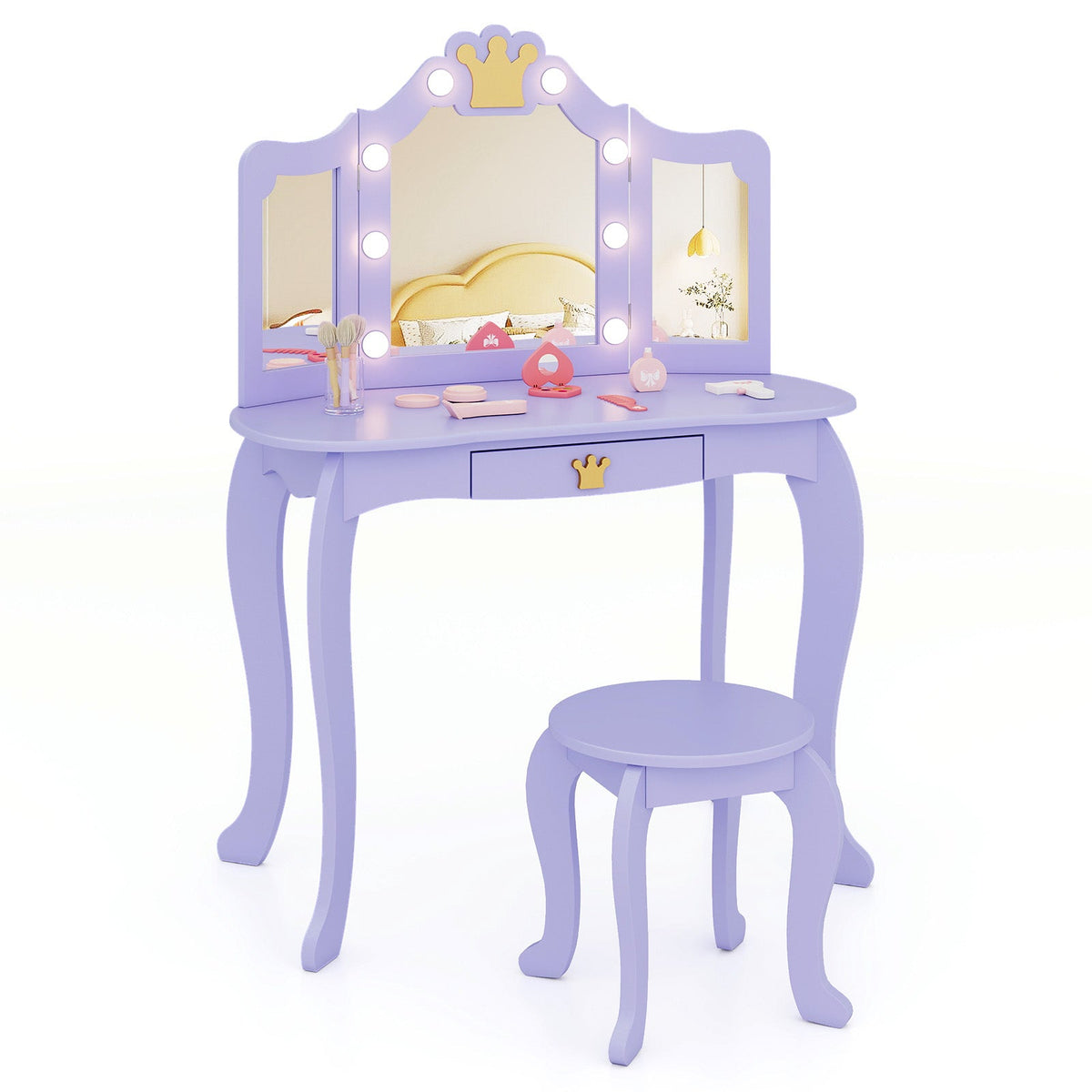 Kids Vanity Set with Tri-fold Lighted Mirror Detachable Top and Stool-Purple