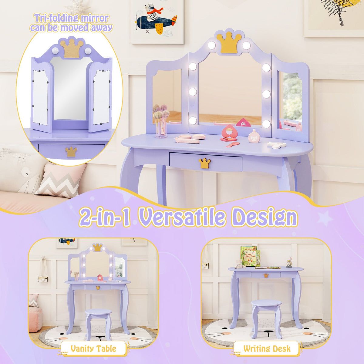 Kids Vanity Set with Tri-fold Lighted Mirror Detachable Top and Stool-Purple