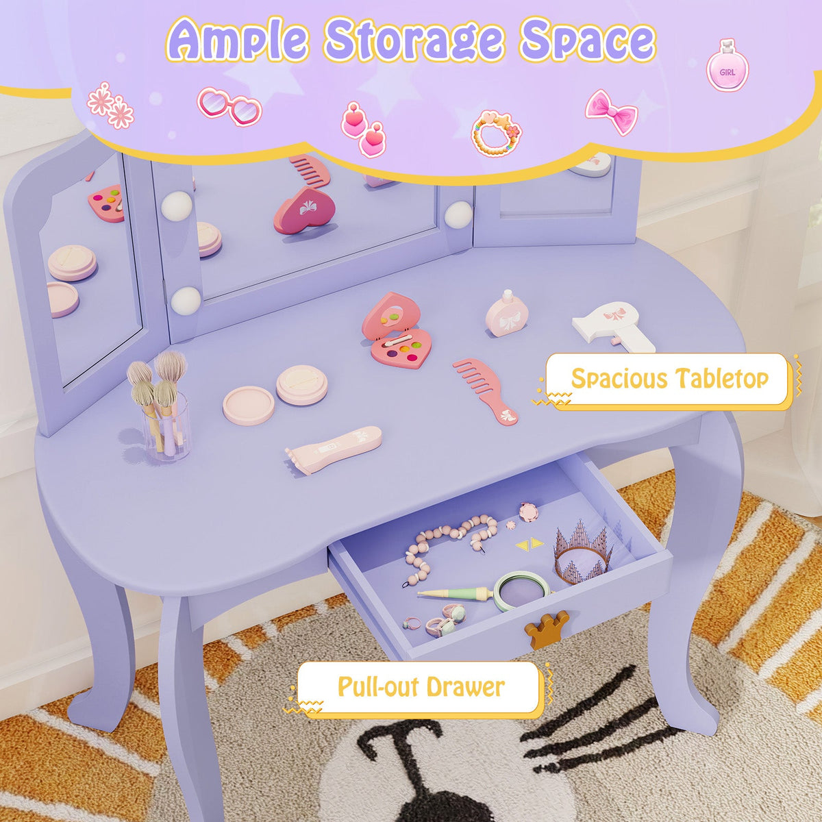 Kids Vanity Set with Tri-fold Lighted Mirror Detachable Top and Stool-Purple