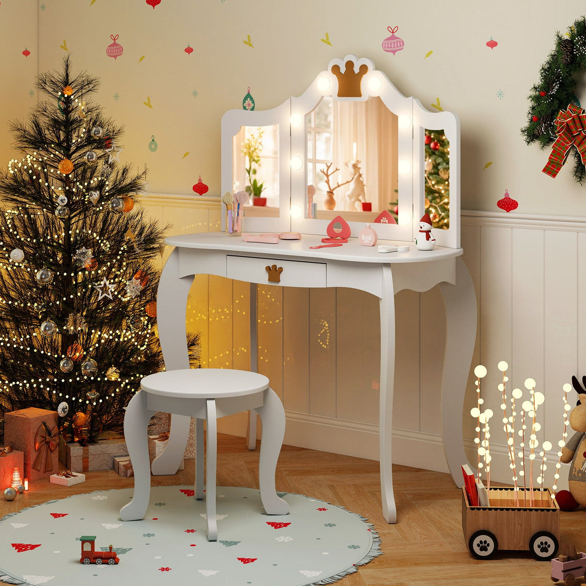 Kids Vanity Set with Tri-fold Lighted Mirror Detachable Top and Stool-White