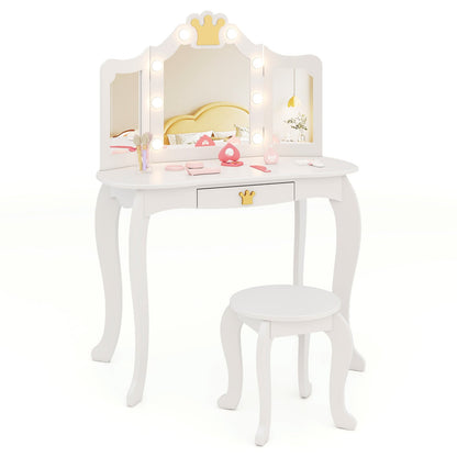 Kids Vanity Set with Tri-fold Lighted Mirror Detachable Top and Stool-White