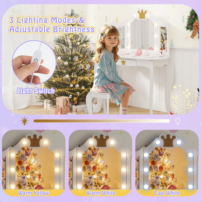 Kids Vanity Set with Tri-fold Lighted Mirror Detachable Top and Stool-White