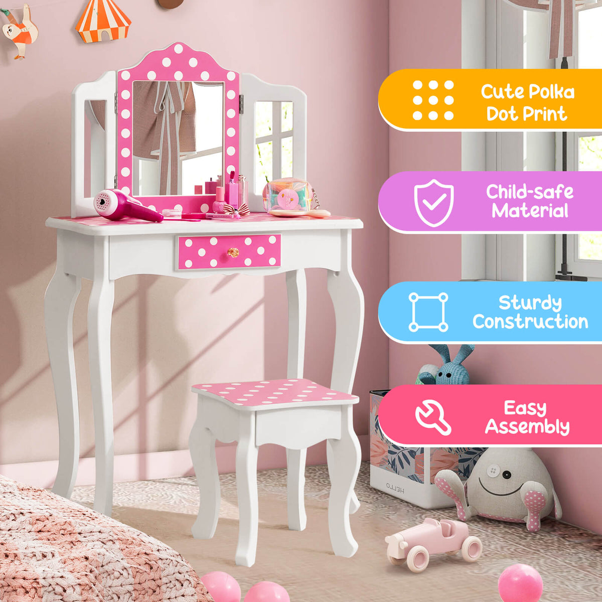 Kids Vanity Table and Stool Set with Cute Polka Dot Print-Pink