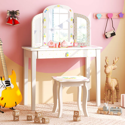 Kids Vanity Table Set with Tri-Folding Mirror and Large Drawer-White